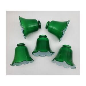 Set (5) Vintage Green Cased Glass Ruffle Tulip Shape Lamp Shades 2" fitter 4.75